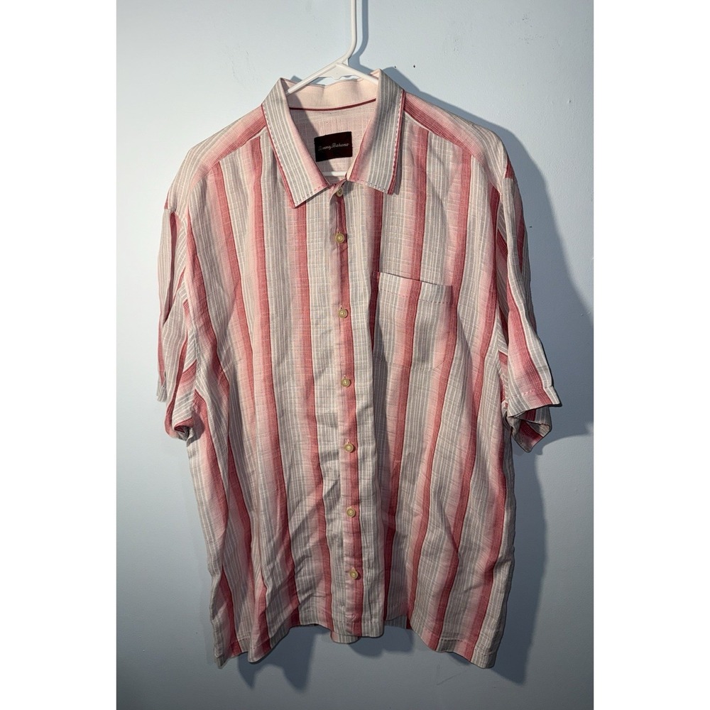 TOMMY BAHAMA Men's Dress Shirt 100% Linen Short Sleeve Button Pink Gray Size XL